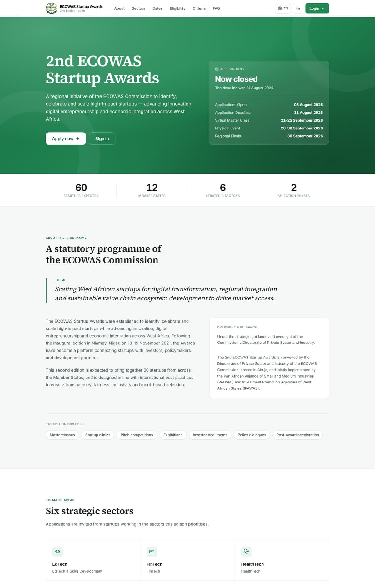Screenshot of the ECOWAS Startup Awards website