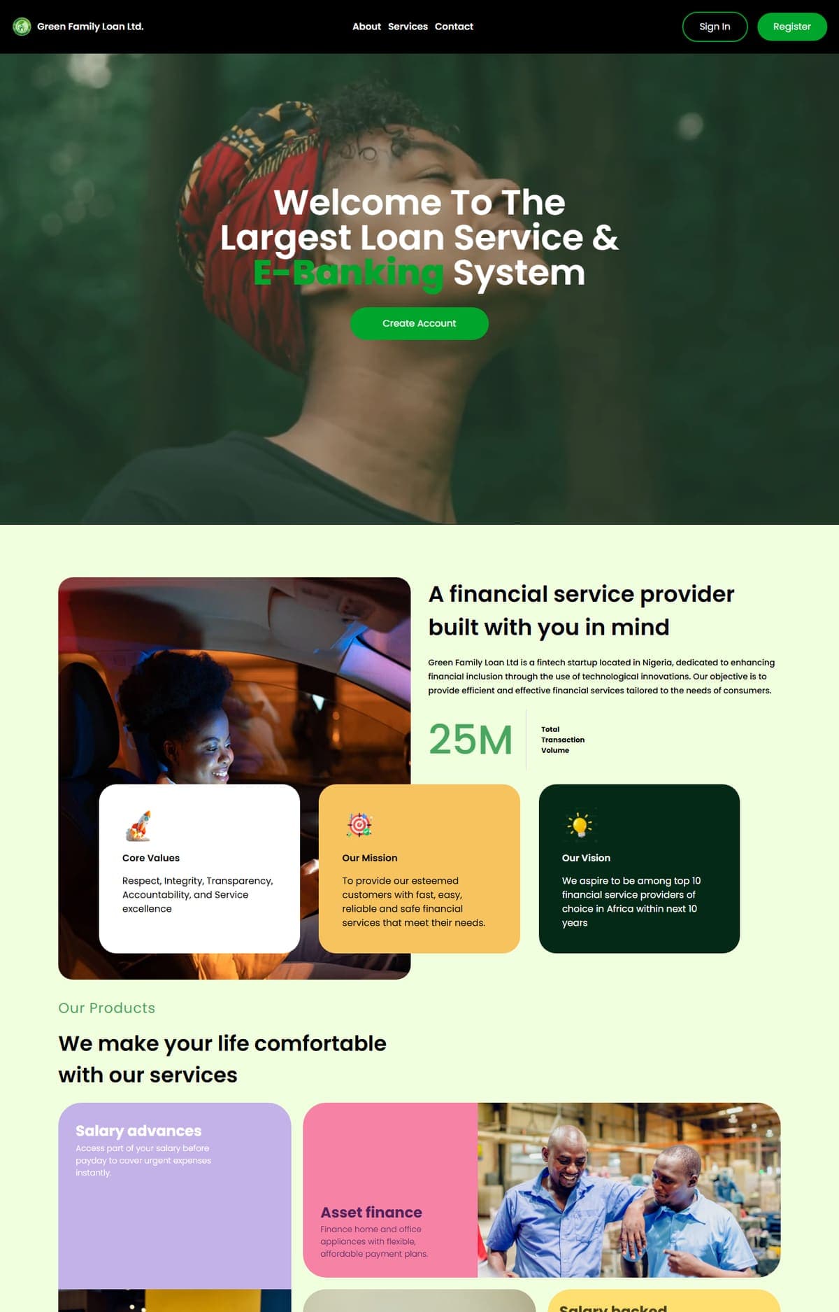Screenshot of the Green Family Loan website