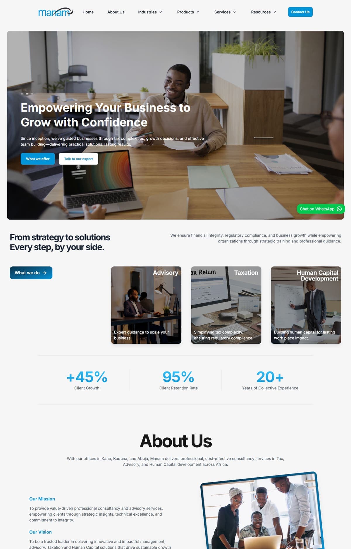 Screenshot of the Manam Professional Services website